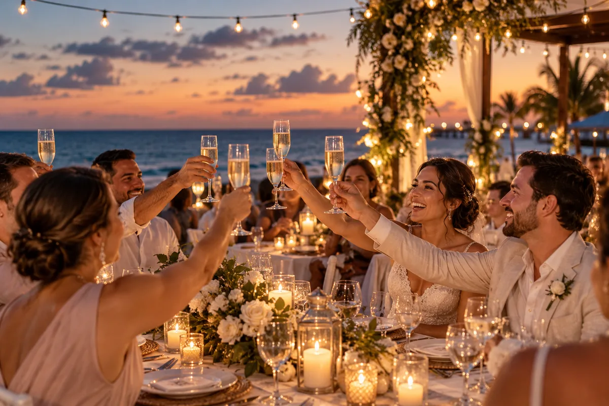 Novios e invitados brindando con copas de champán en una cena de boda frente al mar al anochecer, con luces colgantes y velas