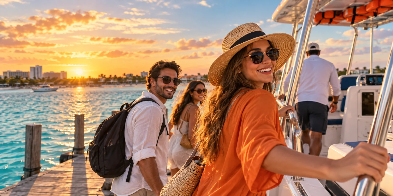 Grupo de viajeros subiendo a una embarcación en un muelle de Cancún al atardecer