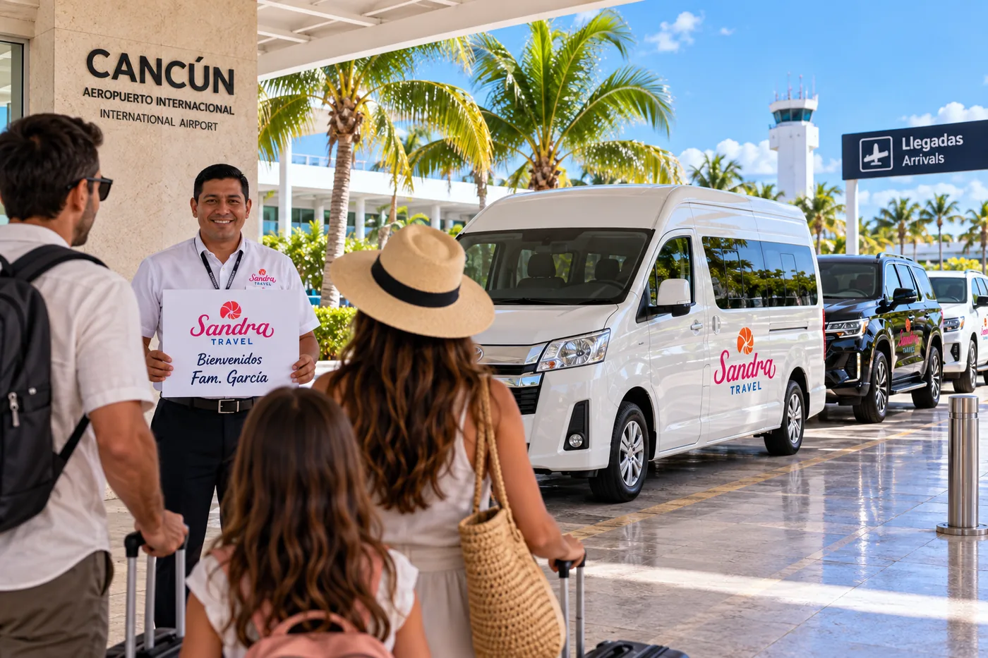 Chofer de Sandra Travel recibiendo a una familia en llegadas del Aeropuerto de Cancún con un letrero de bienvenida, junto a la van blanca de la empresa