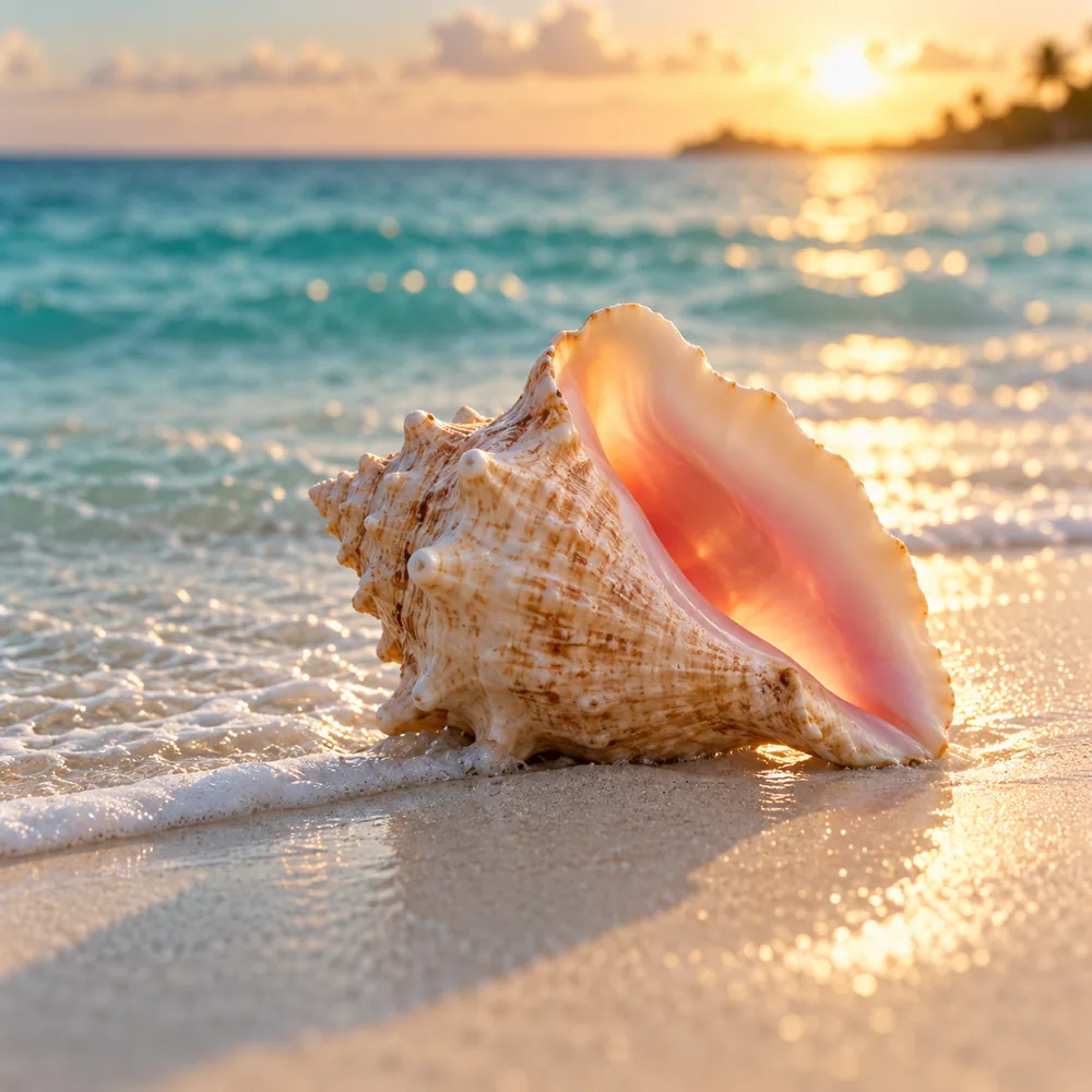 Caracola marina rosada sobre la arena blanca, con el mar del Caribe al atardecer detrás