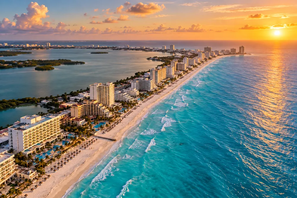 Vista aérea de la Zona Hotelera de Cancún al atardecer, con la playa entre el mar turquesa y la laguna