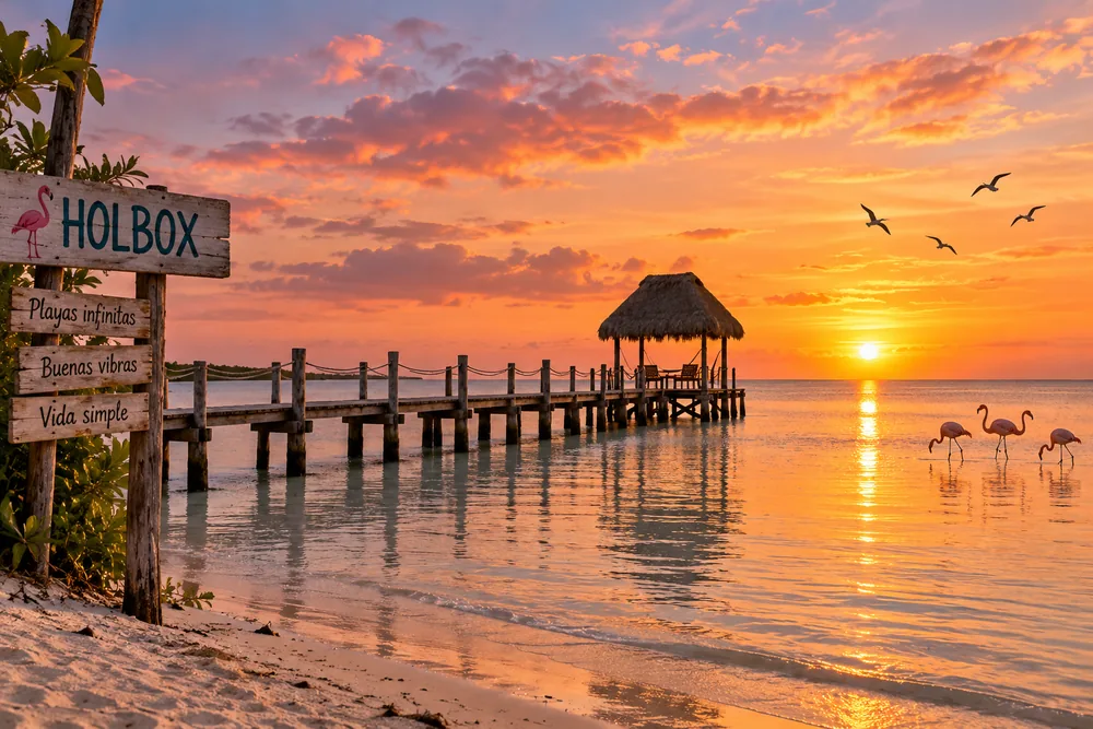 Muelle de madera con palapa en Holbox al atardecer, con flamencos en el agua y el cielo anaranjado