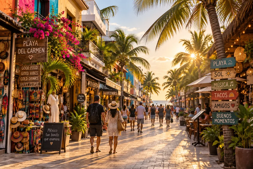 La Quinta Avenida de Playa del Carmen al atardecer, con palmeras, tiendas de artesanía y gente paseando
