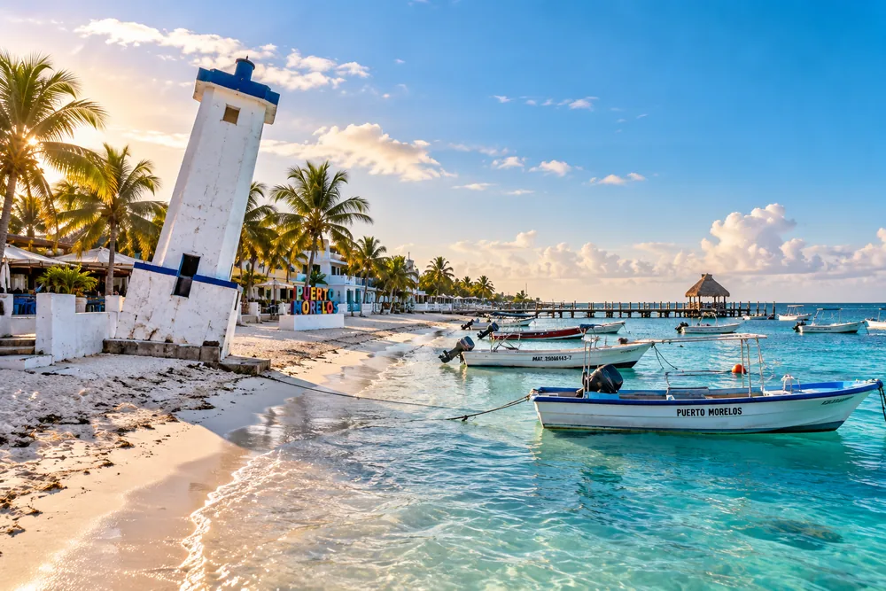 El faro inclinado de Puerto Morelos junto a la playa, con lanchas de pesca fondeadas en agua turquesa