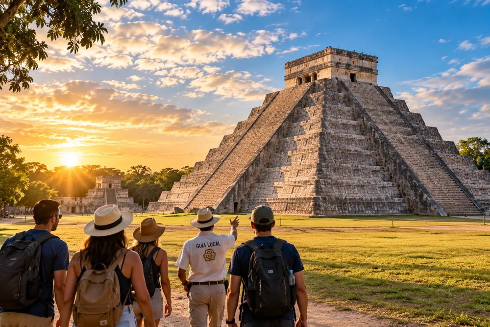 Grupo pequeño con un guía local frente a la pirámide de Kukulcán en Chichén Itzá al amanecer